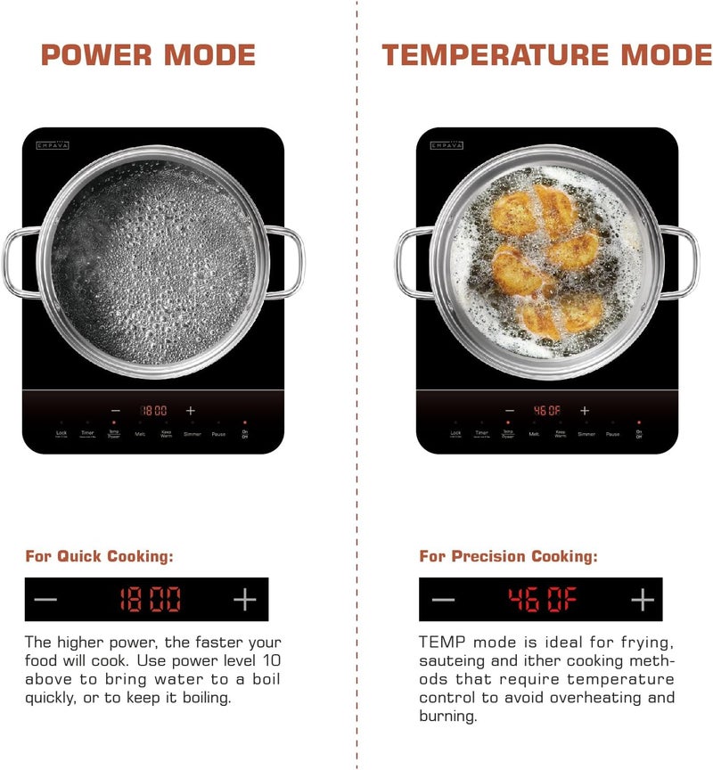 Empava Portable Induction Hot Plate Cooktop, Countertop Electric Stove with Single Burner, 3 Preset Modes, Shatterproof Glass Top, 110~120V Plug-In for Kitchen, RV, and Outdoor Camping - Image 4